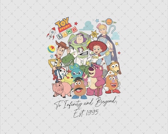 Grupa postaci Toy Story Land w formacie PNG SVG, do nieskończoności i dalej, koszulka retro dla fanów do pobrania w wersji cyfrowej