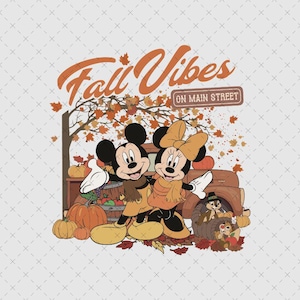 May include: A graphic design featuring Mickey and Minnie Mouse wearing scarves, standing in front of a brown truck with pumpkins, autumn leaves, and two chipmunks. The text reads Fall Vibes ON MAIN STREET in orange and brown lettering.