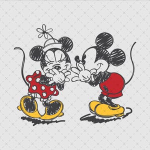 May include: A black and white sketch of Mickey Mouse and Minnie Mouse, with Mickey Mouse on the right and Minnie Mouse on the left. Mickey Mouse is wearing red shorts and yellow shoes, and Minnie Mouse is wearing a red and white polka dot dress and yellow shoes. They are both smiling and looking at each other.