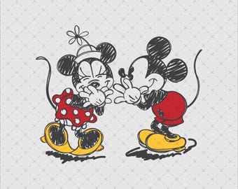 Myszka Miki i Myszka Minnie całują się w stylu retro, natychmiastowe pobranie PNG SVG, nadruk na koszulce dla pary