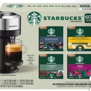 May include: A black and silver Nespresso coffee machine with a glass mug of espresso. The box set includes 60 aluminum capsules of Starbucks roast and ground coffee, with four different varieties. The box features the Starbucks logo.
