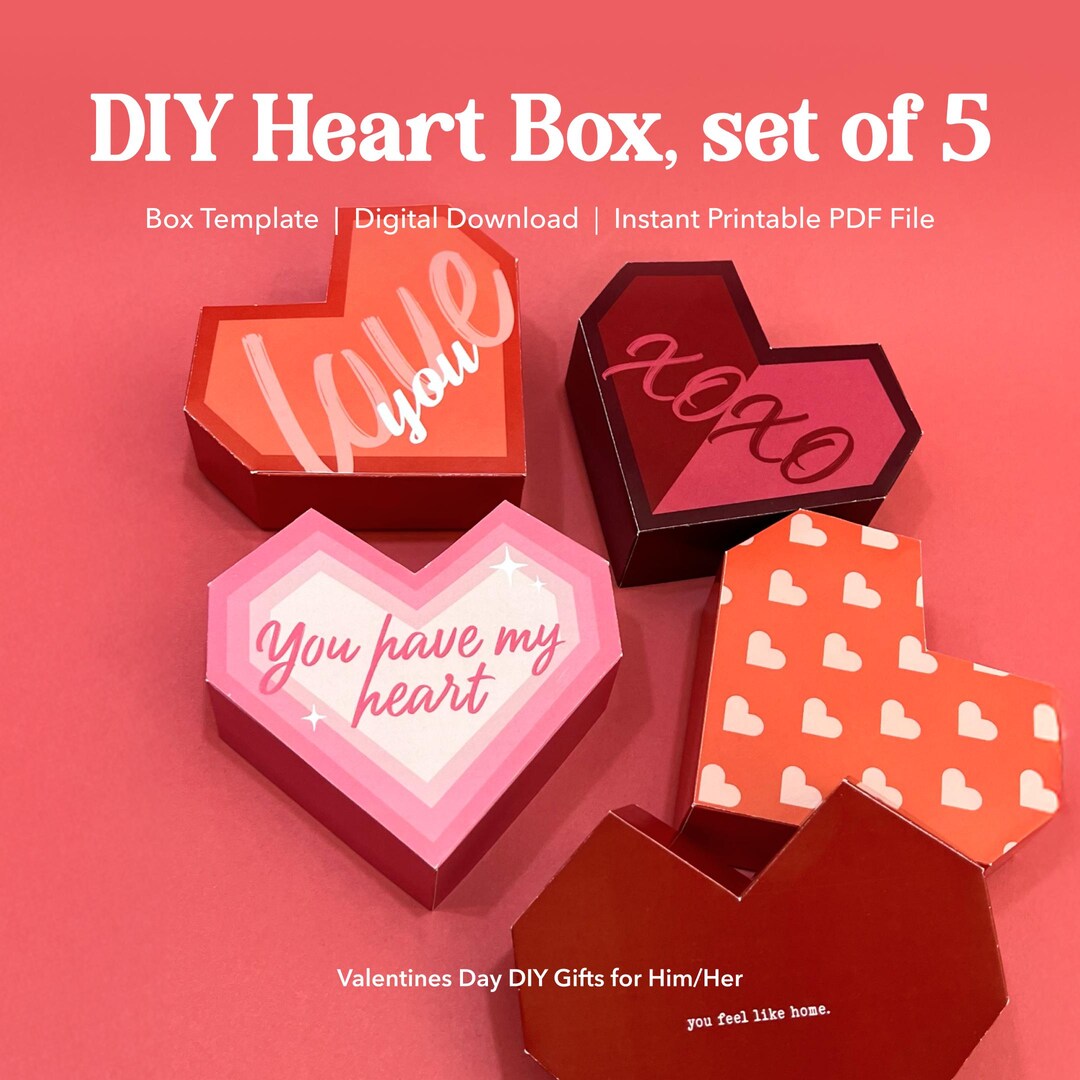 DIY Gifts For Him And Her - Bundle Of 5 Heart Box Templates, Perfect For Valentines Day, Instant Printable PDF, Romantic Surprise