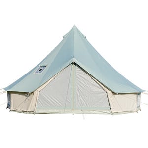 May include: A large, light blue bell tent with a conical roof and a beige base. The tent has a front door and a small window. Guy lines extend from the tent to the ground. Ideal for camping and outdoor activities.
