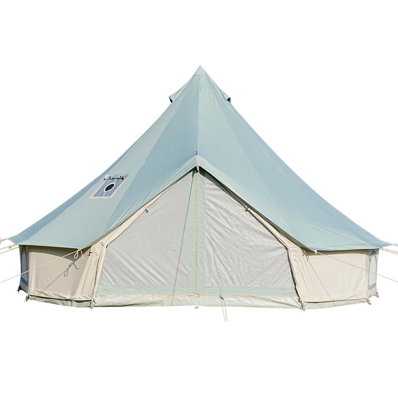 May include: A large, light blue bell tent with a conical roof and a beige base. The tent has a front door and a small window. Guy lines extend from the tent to the ground. Ideal for camping and outdoor activities.