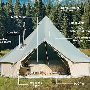 May include: A light gray bell tent with a durable center steel pole, four roof vents, and a stove jack. Features include double-stitched seams, a mesh pocket, and a two-ply door with mesh and canvas. The tent has a PVC floor and top-grade zippers. The canvas is 100% waterproof.