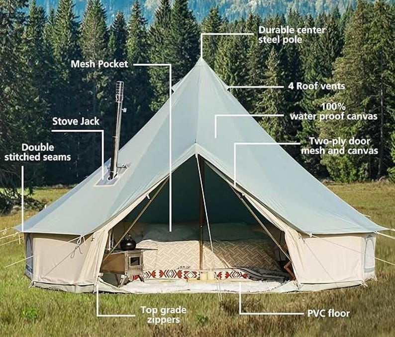 May include: A light gray bell tent with a durable center steel pole, four roof vents, and a stove jack. Features include double-stitched seams, a mesh pocket, and a two-ply door with mesh and canvas. The tent has a PVC floor and top-grade zippers. The canvas is 100% waterproof.