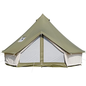 May include: A large, olive green bell tent with a conical roof and a rectangular window. The tent has a white door and side panels. Guy lines extend from the tent's sides. This tent is designed for outdoor camping.