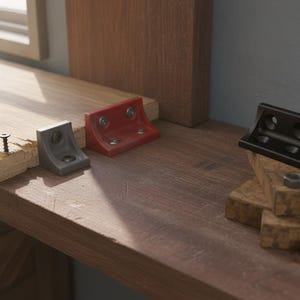 May include: Three L-shaped metal corner brackets in gray, red, and black. The gray and red brackets are attached to a wooden board with screws. The black bracket is larger with three mounting holes and sits near loose nuts and a bolt.