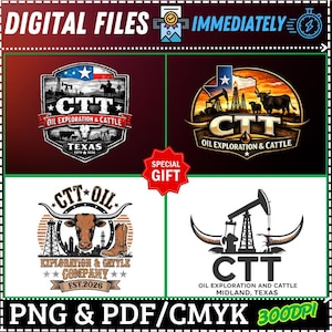 May include: A digital file graphic featuring four designs with the text "CTT Oil Exploration & Cattle." The designs include images of oil derricks, longhorn cattle, and the Texas state flag. The file formats are PNG, PDF, and CMYK, with 300 DPI.