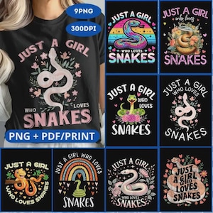 Peut inclure: Neuf designs numériques mettant en scène un serpent et le texte "Just a girl who loves snakes". Les designs présentent différentes couleurs, motifs et arrière-plans, notamment des fleurs, un arc-en-ciel et des cœurs.