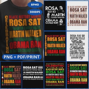 Puede incluir: Un conjunto de seis diseños digitales con un esquema de color negro, rojo, verde y amarillo. Los diseños presentan el texto "Celebrando el Mes de la Historia Negra" y una cita sobre Rosa Parks, Martin Luther King Jr. y Barack Obama. La cita dice: "Rosa se sentó para que Martin pudiera caminar, Martin caminó para que Obama pudiera correr, Obama corrió para que nuestros hijos pudieran volar."