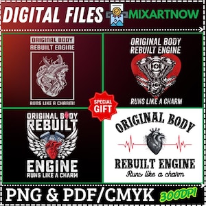 Puede incluir: Archivos digitales con cuatro diseños con el texto "ORIGINAL BODY REBUILT ENGINE" y "RUNS LIKE A CHARM". Los diseños incluyen un corazón, un motor y alas. Los archivos están disponibles en formatos PNG y PDF.