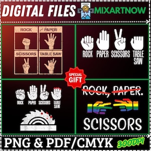 Pode incluir: Design gráfico digital com gestos de mão para "Pedra, Papel, Tesoura, Serra de mesa". O design inclui texto e um gráfico de lâmina de serra. A imagem é rotulada como "ARQUIVOS DIGITAIS" e inclui informações sobre o tipo de arquivo.