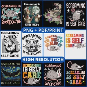 Könnte beinhalten: Ein Set mit 10 digitalen druckbaren Designs, die einen Cartoon-Opossum mit dem Text "Screaming is Self Care" zeigen. Die Designs sind in verschiedenen Farben und Stilen gehalten, darunter ein Regenbogen-Design, ein Schwarzweiß-Design und ein Design mit einem Sternenhimmel-Hintergrund.
