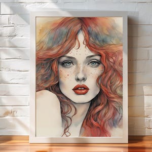 Póster de mujer gitana bohemia – Impresión artística en acuarela de los años 70 – Decoración de pared mística femenina – Estética bohemia vintage para el hogar