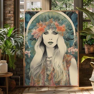 Póster de mujer gitana bohemia – Impresión artística en acuarela de los años 70 – Decoración de pared mística femenina – Estética floral bohemia para el hogar