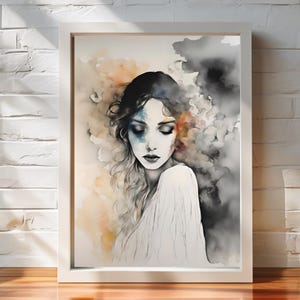 Póster de mujer gitana bohemia – Impresión artística en acuarela de los años 70 – Decoración de pared mística femenina – Estética bohemia para el hogar