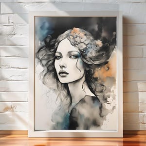 Boho Gypsy Woman Poster – 1970s Watercolor Art Print – Mystical Feminine Wall Decor – Floral Bohemian Home Aesthetic