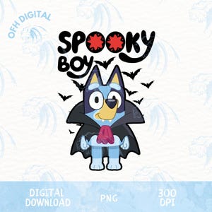 Vampire Spooky Boy blauwe hond Halloween png, griezelige baby png, spooky blauwe png, trendy cartoon Halloween png, vampierblauwe hond png