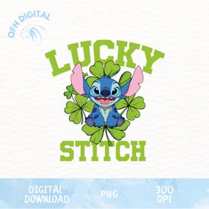 Lucky Stitch with Clovers Png, Trendy St Patricks Png, Cartoon Lucky Day Png, St Patricks Day Png, Lucky Girl, Clover Stitch Png,