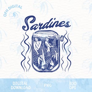 Sardines Mermaid Png, Tinned Fish Portugal Design, Italian Summer Designs , Trendy Fish Design, Vintage Sardines Png, Retro Sardines