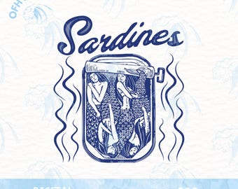Sardines Mermaid Png, Tinned Fish Portugal Design, Italian Summer Designs , Trendy Fish Design, Vintage Sardines Png, Retro Sardines