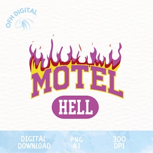 Puede incluir: Una descarga digital de un diseño gráfico con el texto "MOTEL HELL" en un estilo retro con llamas detrás del texto. El texto está en un esquema de color morado y amarillo.