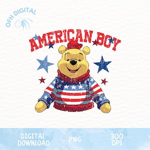 Retro American Winnie The Pooh Png, Winnie Wear American Sweater Png, Kids American Cartoon Designs, President Day Png, Cartoon Patriot