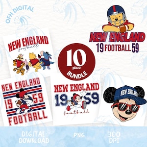 Könnte beinhalten: Ein digitales Download-Bundle mit verschiedenen Designs. Die Designs zeigen den Text "New England Football" und die Zahl "59", zusammen mit Cartoon-Charakteren in Football-Ausrüstung. Das Bundle enthält 10 Teile. Der Text "Digital Download" ist ebenfalls vorhanden.