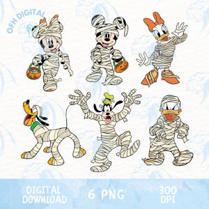 May include: Digital download featuring six cartoon characters dressed as mummies for Halloween. Characters include Mickey Mouse, Minnie Mouse, Donald Duck, Daisy Duck, Goofy, and Pluto. Each character is wrapped in bandages and holding a pumpkin-shaped candy bucket.