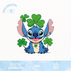 Stitch with Clovers Png, Cartoon Lucky Day Png, St Patricks Day Png, Lucky Girl, Clover Stitch Png, Trendy St Patricks Png, Lucky Stitch Png