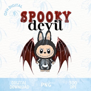 Pode incluir: Ilustração digital de um personagem de diabo de desenho animado com asas de morcego e um design de esqueleto. O texto "SPOOKY devil" é exibido acima do personagem em vermelho e preto. A imagem é rotulada como "DOWNLOAD DIGITAL" e "PNG".