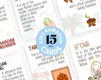 May include: A set of 15 colorful cards with illustrations and text about Ramadan traditions. The cards feature a variety of images, including a date palm, a mosque, a clock, and a bowl of dates. The text on the cards includes words like "Dhikr", "Tarawih", "Iftar", and "Ramadan Drummers".