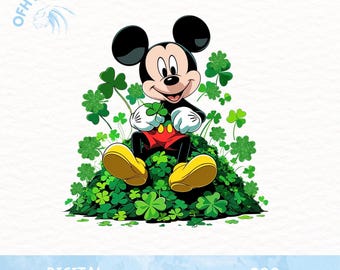 Glückliche Maus sitzende Kleeblätter Png, Cartoon glücklicher Tag Png, St Patricks Tag Png, glücklicher Junge, trendige St Patricks Designs, Glitzer-Kleeblätter