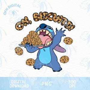 May include: A digital PNG graphic featuring a blue cartoon character holding a tray of chocolate chip cookies. The character is yelling with its mouth open. The words "Oh. Biscuits!" are above the character in a brown, cookie-themed font.