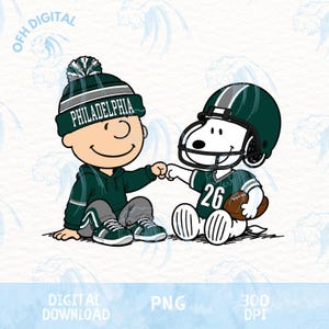 Op de afbeelding: Een digitale illustratie van een stripfiguur met een groene Philadelphia-muts en hoodie, die een vuistje geeft aan een stripfiguurhond met een groene footballhelm en een shirt met nummer 26, die een bruine football vasthoudt. Tekst OFH DIGITAL is zichtbaar.
