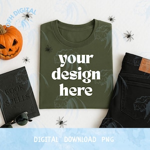 Folded Military Green Halloween Bella Canvas 3001 Tee Mockup, Digital Download Halloween Tee, Witch 5000 Tee Military Green Horror Mockups