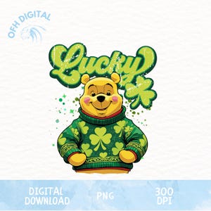 Retro Lucky Winnie Png, Vintage Cartoon Lucky Day Png, St Patricks Day Winnie The PoohPng, Winnie Wear Clover Sweat Png, Trendy St Patricks