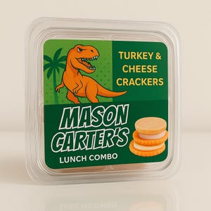 May include: A clear plastic container with a green label featuring an orange dinosaur illustration and the text "TURKEY & CHEESE CRACKERS". The label also reads "MASON CARTER'S LUNCH COMBO". The container holds crackers with meat and cheese.