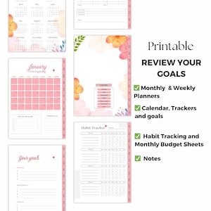 Puede incluir: Páginas de planificador imprimibles con un diseño rosa y floral. Incluye planificadores mensuales y semanales, rastreadores de hábitos y páginas de establecimiento de objetivos. El texto dice "Review Your Goals."