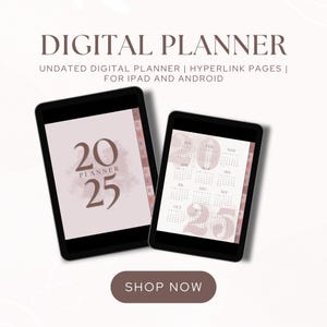 Puede incluir: Un planificador digital para iPad y Android con un diseño de acuarela rosa y marrón. El planificador no está fechado e incluye páginas con hipervínculos. El texto "2025 Planner" aparece en la portada.