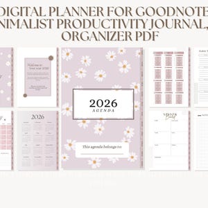 Puede incluir: Un planificador digital para 2026 con un diseño minimalista. El planificador incluye páginas de calendario, rastreadores de hábitos y un tablero de visión. La portada es de color lila claro con patrones de margaritas. El texto "2026 Agenda" se muestra.