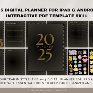 Puede incluir: Un planificador digital negro y dorado para iPad y Android. El planificador presenta un diseño 2025 con un número 20 y 25 en dorado. El planificador es interactivo e incluye un rastreador de presupuesto mensual, un rastreador de hábitos y una sección de objetivos de febrero. El planificador mide 23x28 cm.