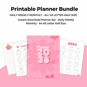 Puede incluir: Un paquete de planificadores imprimibles rosas con el texto "Printable Planner Bundle" y "2026" en la portada. El paquete incluye planificadores diarios, semanales y mensuales en tamaño A4/A5. El diseño presenta un tema floral.