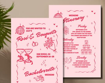 Retro inspired Bachelorette Invitation Template - Rosé and Bouquets