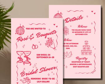 Retro-Inspired Bridal Shower Invitation Template – "Rosé & Bouquets"