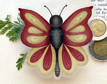 Red and Gold Butterfly | Garden Friend 3 inch transparent vinyl waterproof sticker label