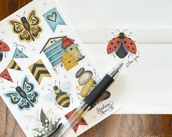 Cheerful Garden Friends Sticker Sheet | Honeybee, Ladybug, & Butterfly Illustrations for Planners, Journals, Letters, and Scriptures