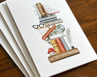 Stack of Books | Original Illustration | Perfect notecard set for your favorite book collector | Size 3.5 x 5 Inches