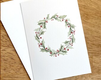 Holly Wreath Christmas Card Set | Original Watercolor Illustration | winter and holiday card, gift card, or thank you | Size 3.5 x 5 Inches